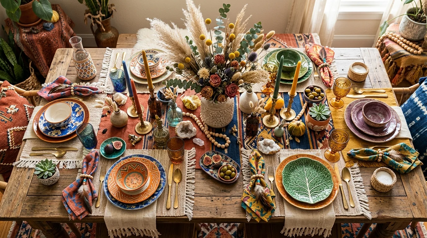 A green-and-cream Thanksgiving tablescape with layered place settings, candles, foliage, and elegant understated styling, no people