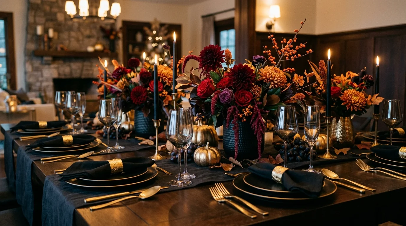 A warm terracotta Thanksgiving tablescape with layered ceramics, candles, muted florals, and modern autumn styling, no people