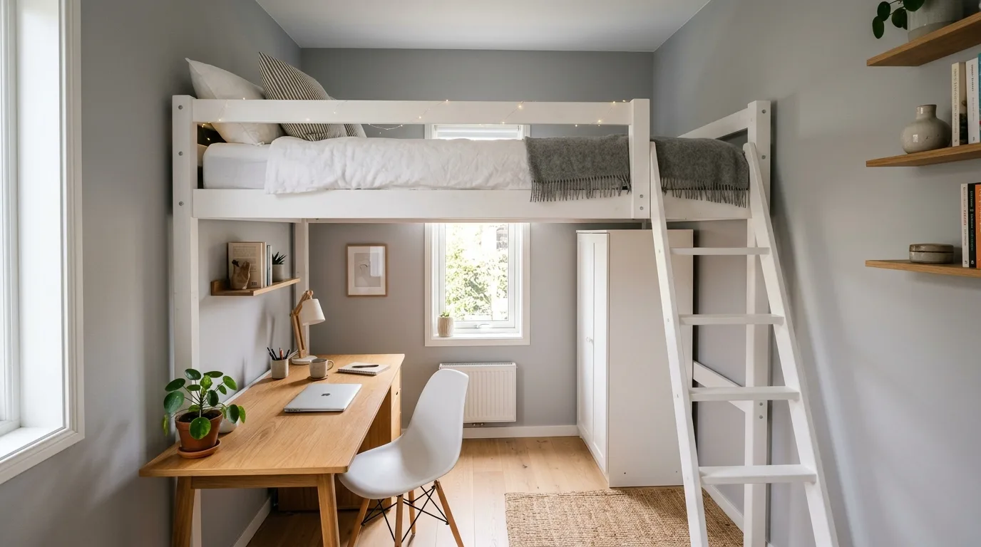 A small bedroom with loft bed desk beneath and wall shelving, no people
