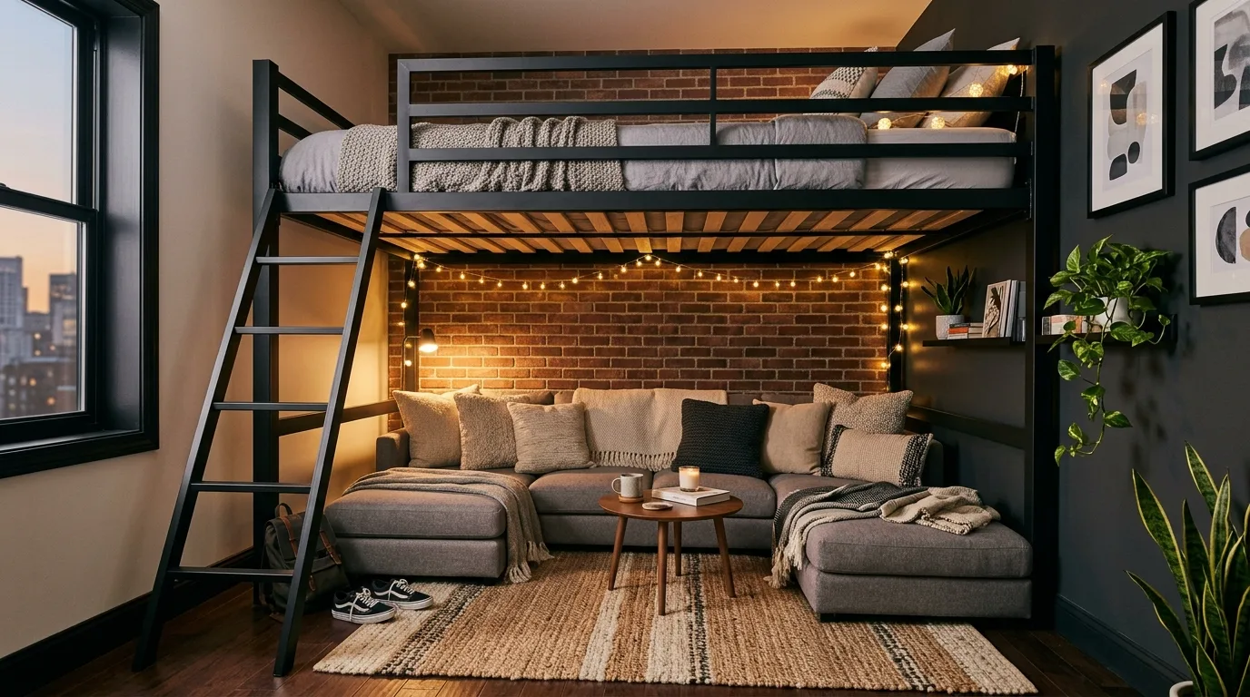 A small bedroom with loft bed reading chair and stair storage drawers, no people