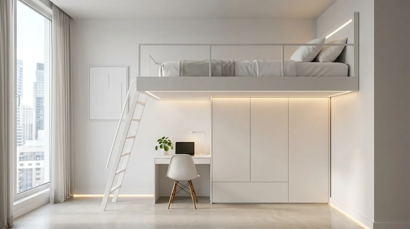 A space saving small bedroom with white loft bed and wardrobe niche underneath, no people
