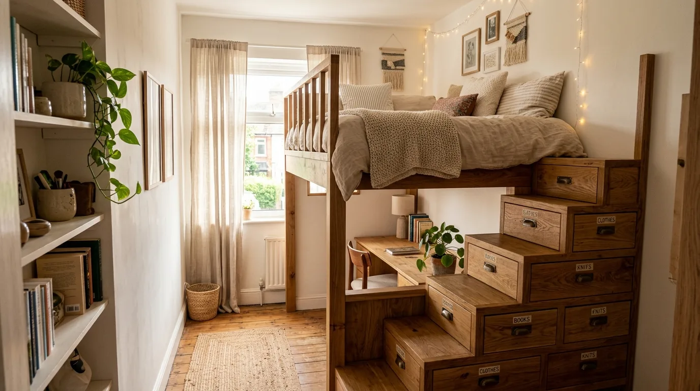 A small kids bedroom with playful loft bed and open play space below, no people