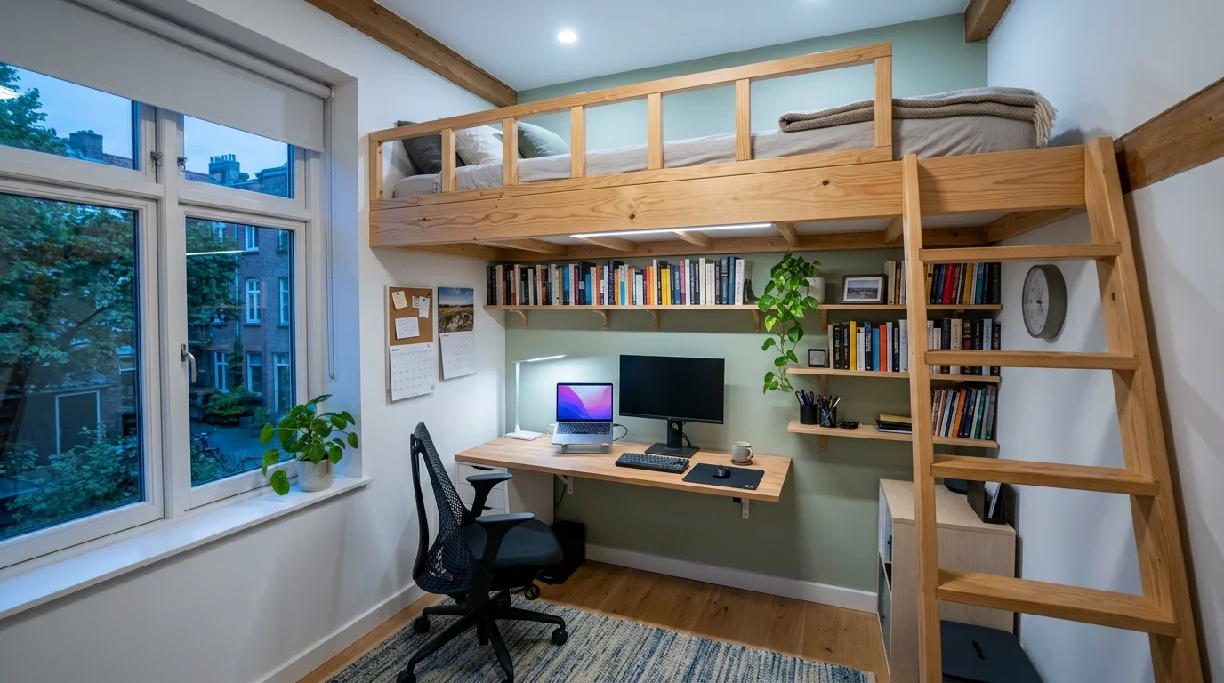 A space saving studio bedroom corner with loft bed over compact lounge seat, no people