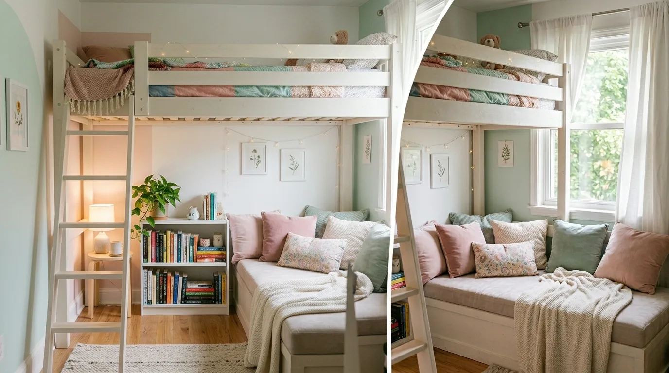 A small bedroom with wood loft bed curtain enclosure and built in book cubbies, no people