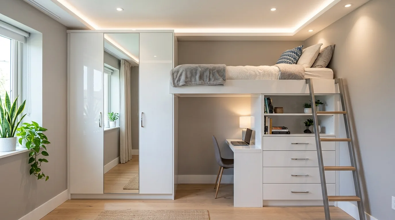 A space saving small bedroom with loft bed dresser storage and homework station, no people