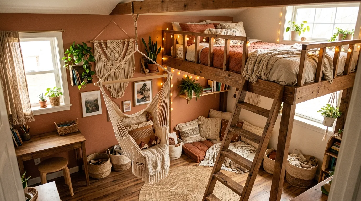 An adult small bedroom with loft bed calm neutrals and sofa below, no people