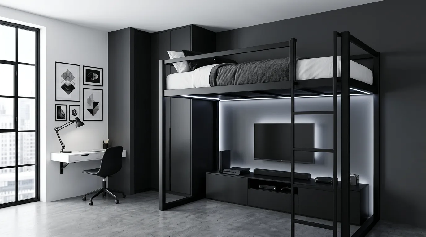 A small bedroom with corner loft bed and integrated ladder shelving, no people