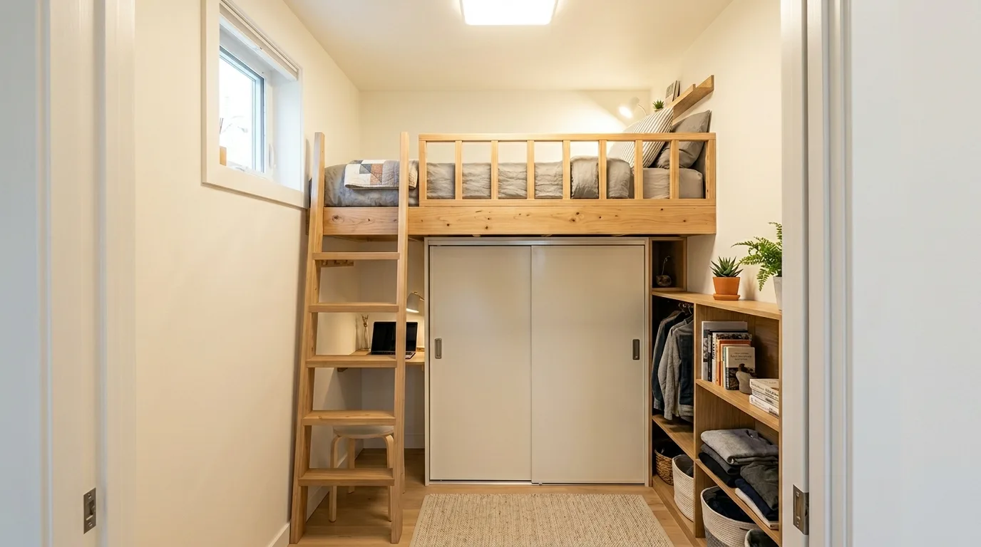 A shared small bedroom with loft bed second bed and storage, no people
