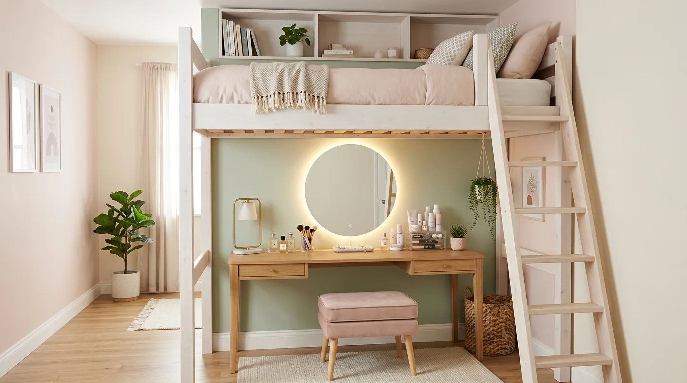 A small bedroom with loft bed over window bench nook and baskets, no people