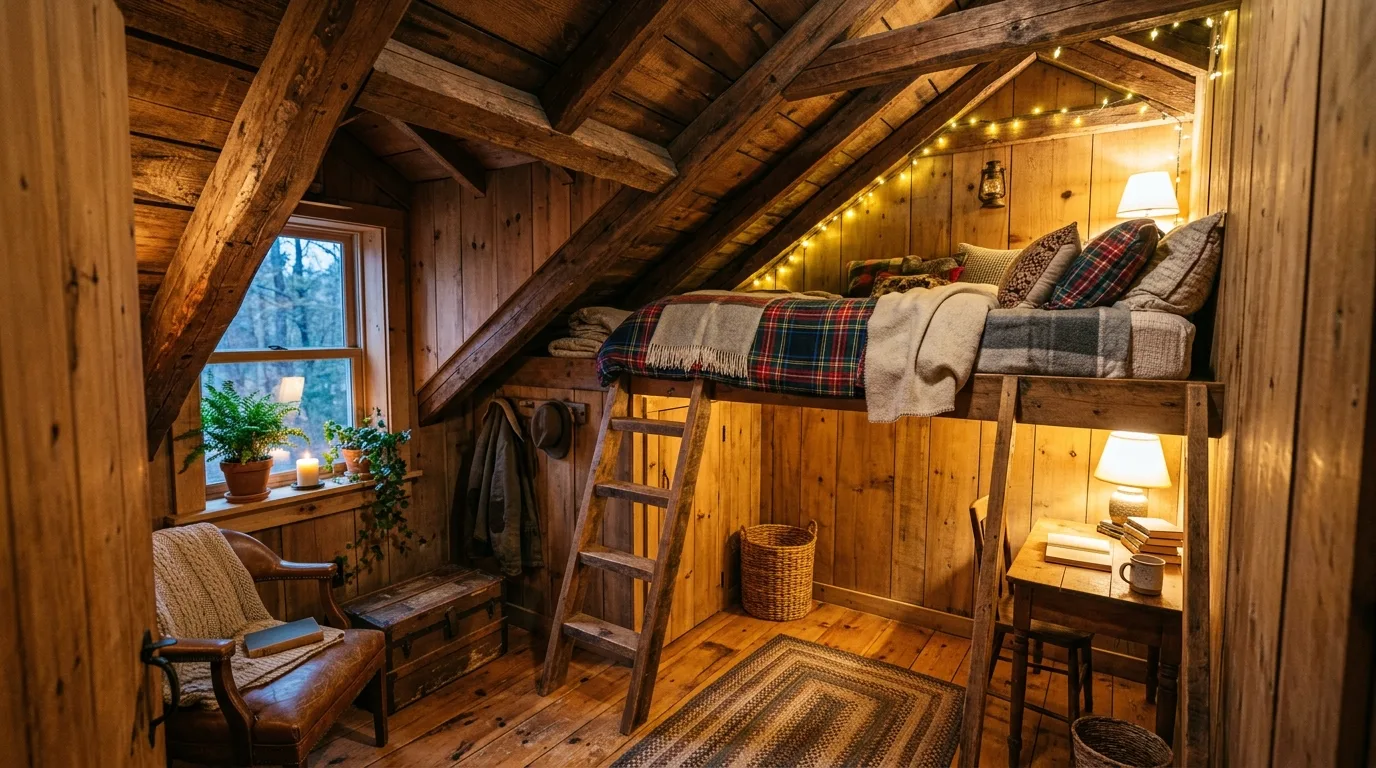 A modern small bedroom with black loft bed frame and warm wood study surface, no people