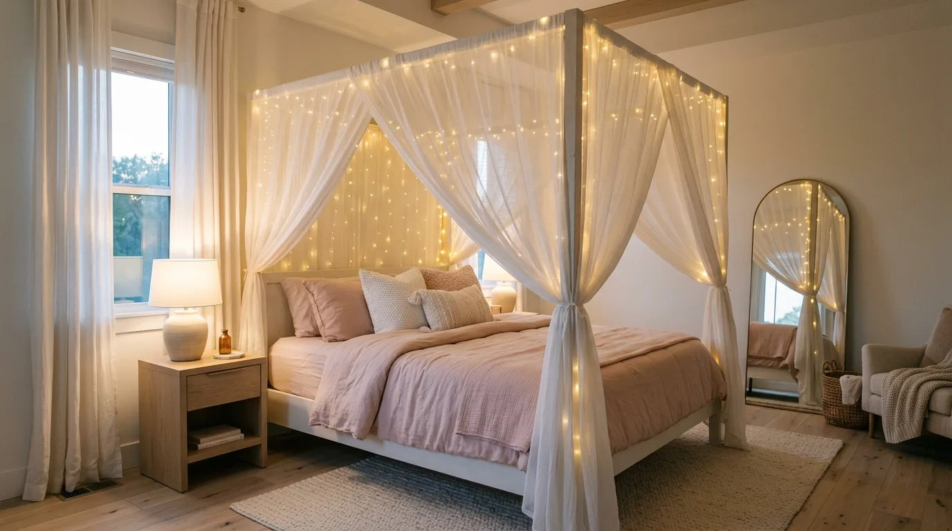 A romantic bedroom with sheer white canopy bed linen bedding and cream walls, no people