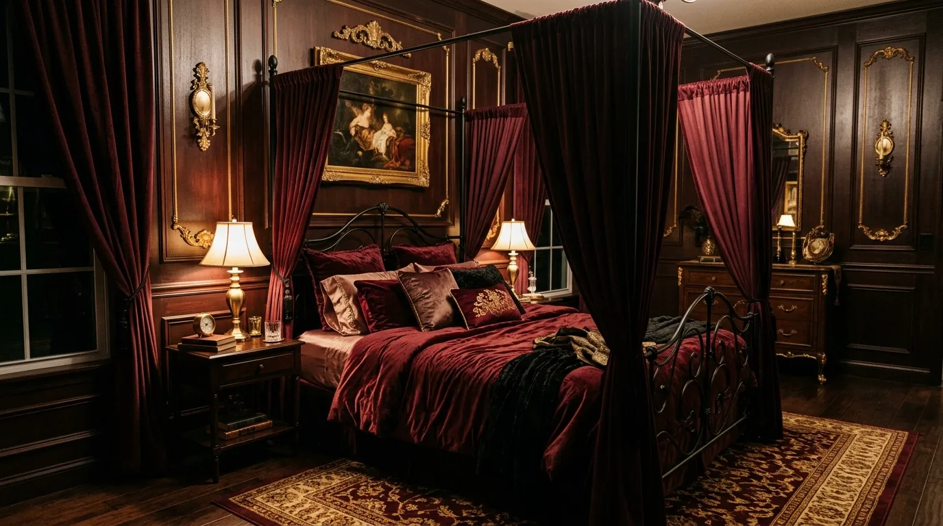 A romantic canopy bedroom with black frame gauzy curtains and mauve bedding, no people