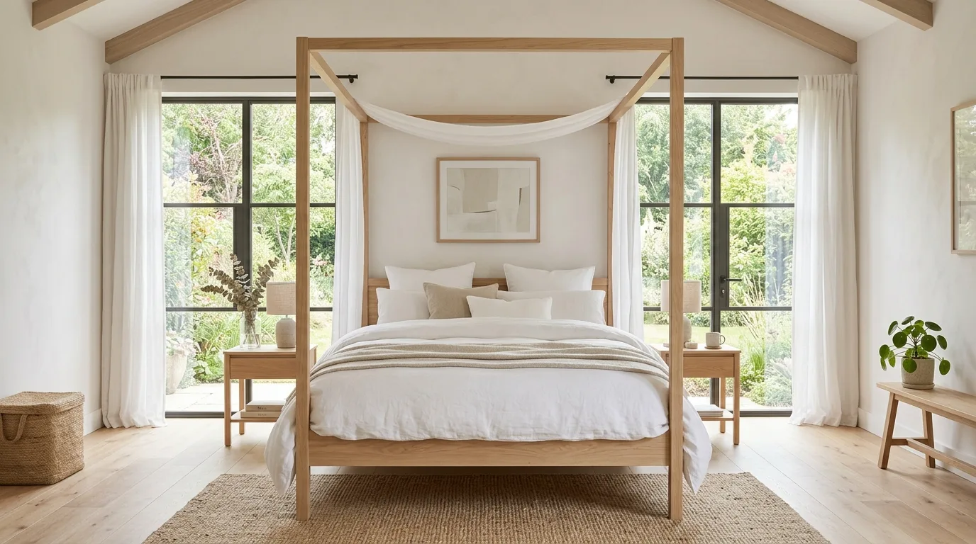 A romantic bedroom with light wood canopy bed woven bench and botanical art, no people