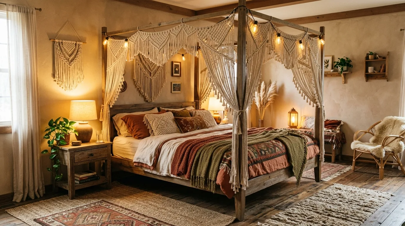A dreamy canopy bedroom beneath a sloped ceiling with layered quilts, no people