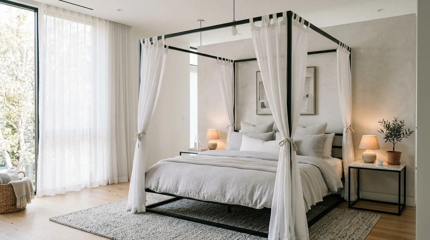 A romantic blush bedroom with canopy bed tied back panels and vintage gold mirror, no people