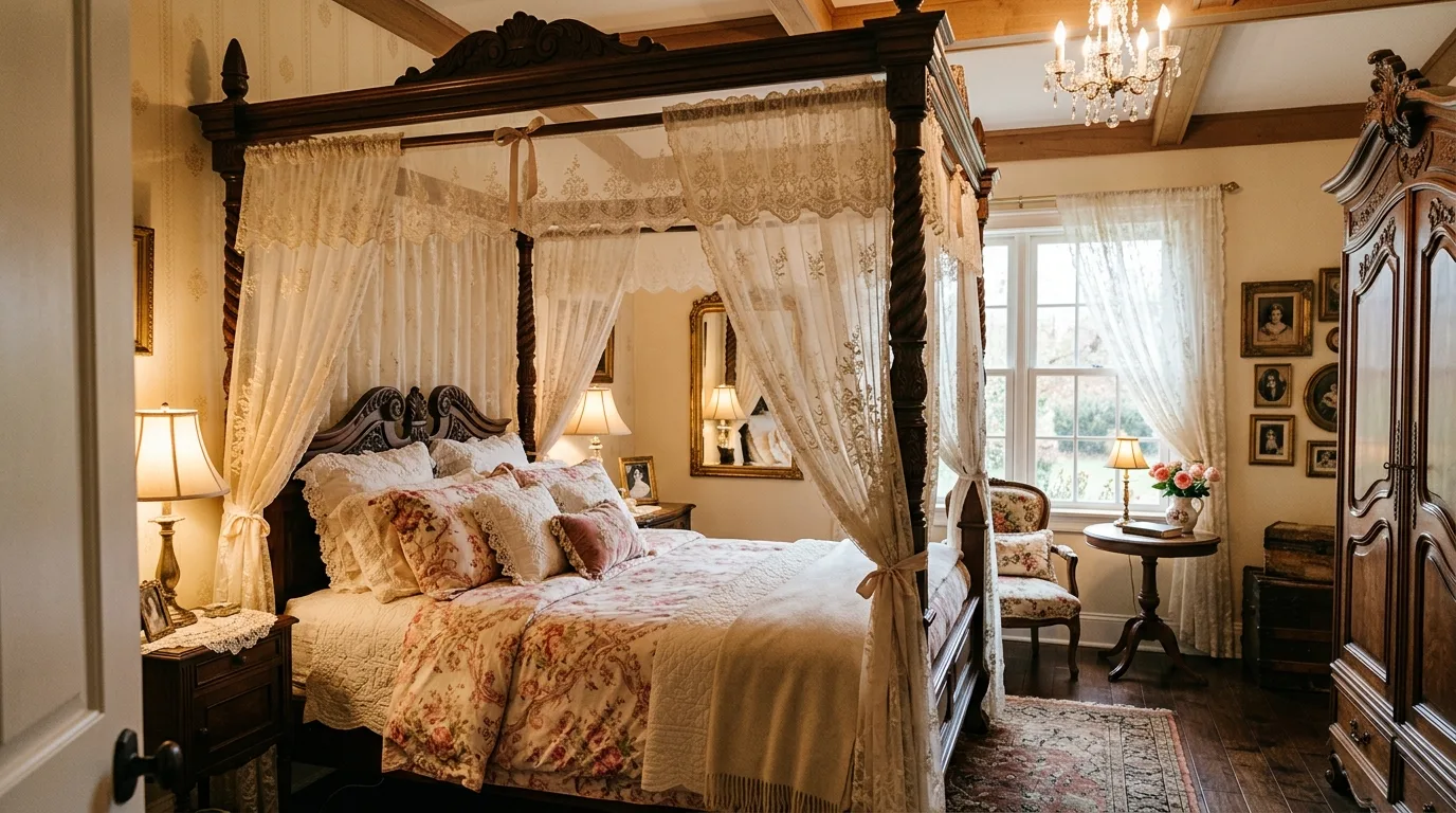 A minimal romantic bedroom with canopy bed and oversized pendant light, no people