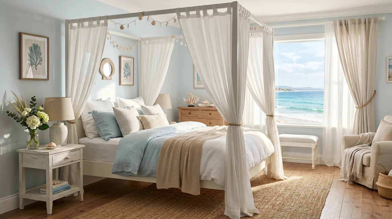 A romantic floral canopy bedroom with white bed and lace details, no people