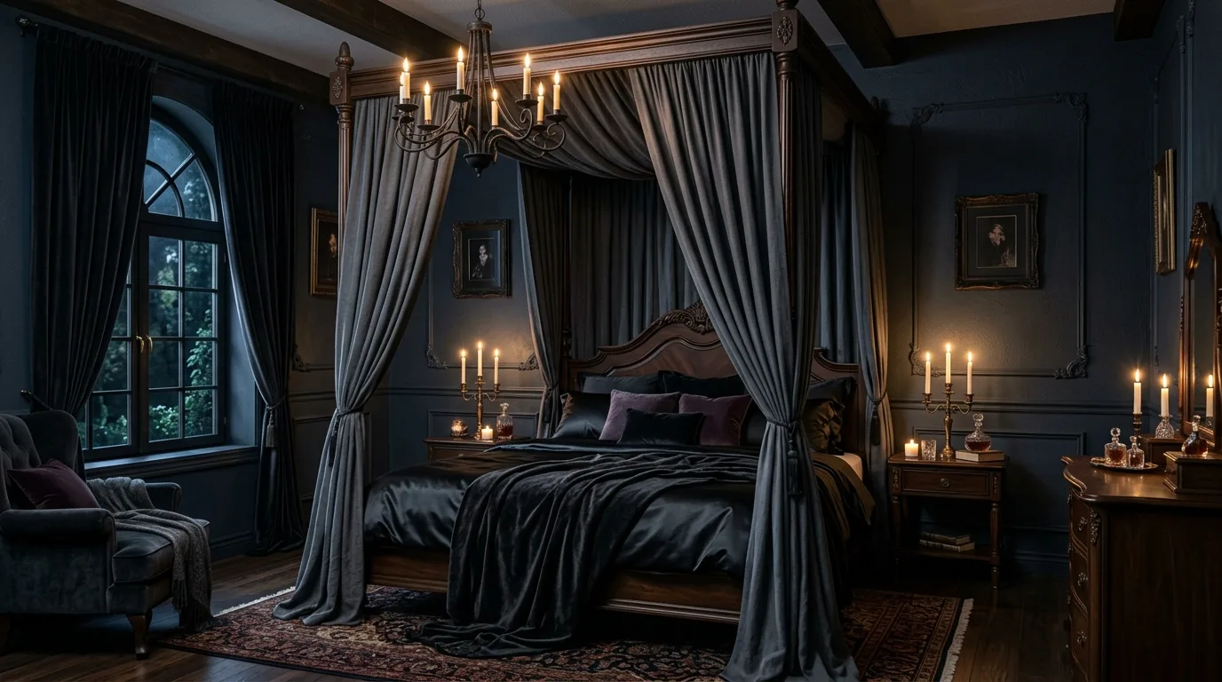 A romantic canopy bedroom with centered bed tall drapes and matching sconces, no people