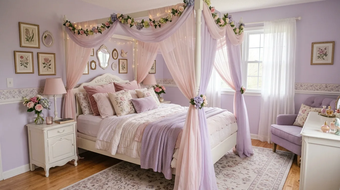 A dreamy blue canopy bedroom with antique nightstands and embroidered pillows, no people