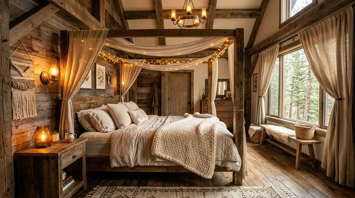 A studio romantic canopy bed nook with curtain frame for privacy, no people