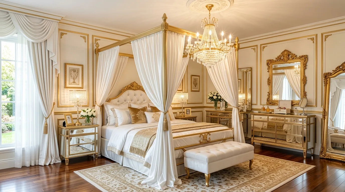 A moody romantic canopy bedroom with velvet throw and warm lamp glow, no people