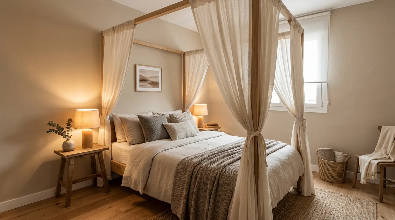 A natural cottage canopy bedroom with branch rod and ruffled linen bedding, no people