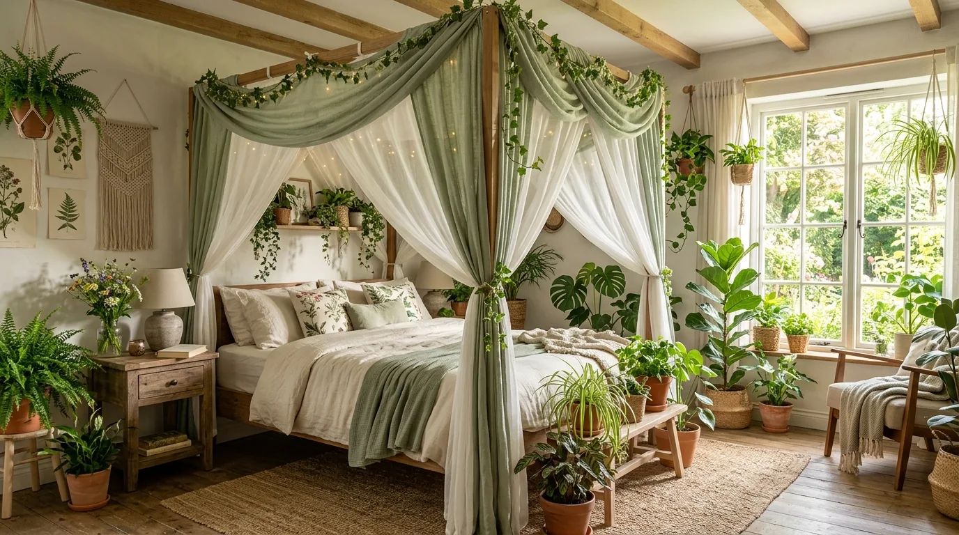 A modern classic romantic bedroom with brass canopy bed and paneled walls, no people