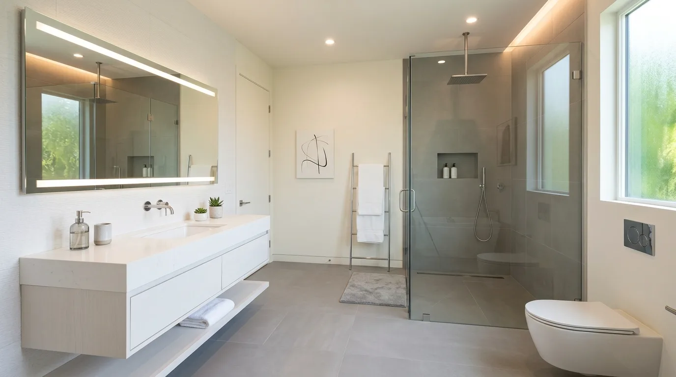 A modern bathroom floor with large format concrete tile floating vanity and seamless shower, no people