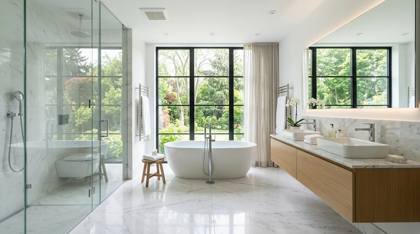 A sleek modern bathroom with warm gray stone floor oak vanity and matte black fittings, no people