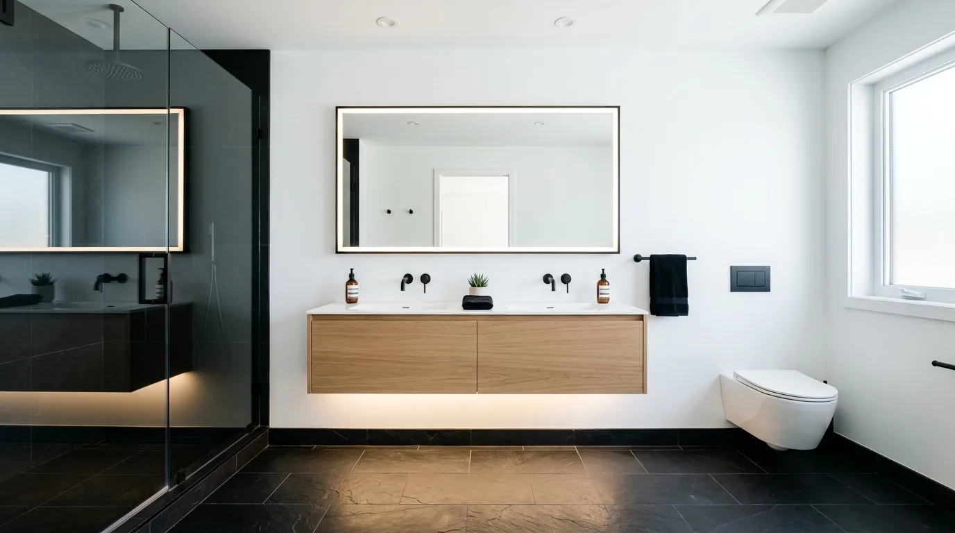 A contemporary bathroom with micro terrazzo floor white walls and curved tub, no people