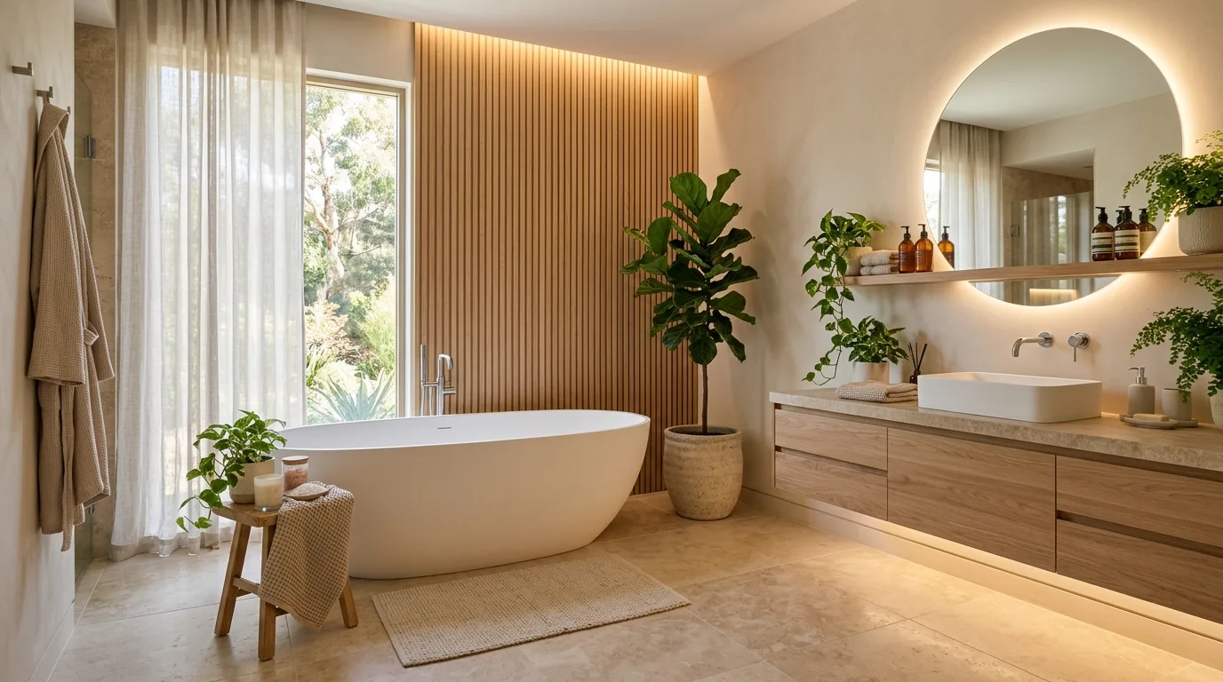 A sleek modern bathroom with dark charcoal porcelain plank floor, no people