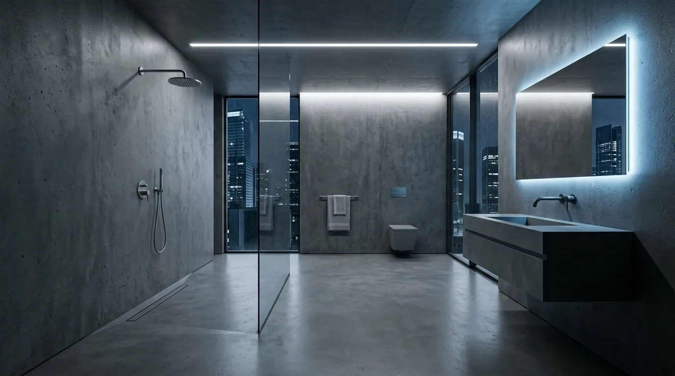 A modern bathroom with soft limestone floor integrated drain and glass screen, no people