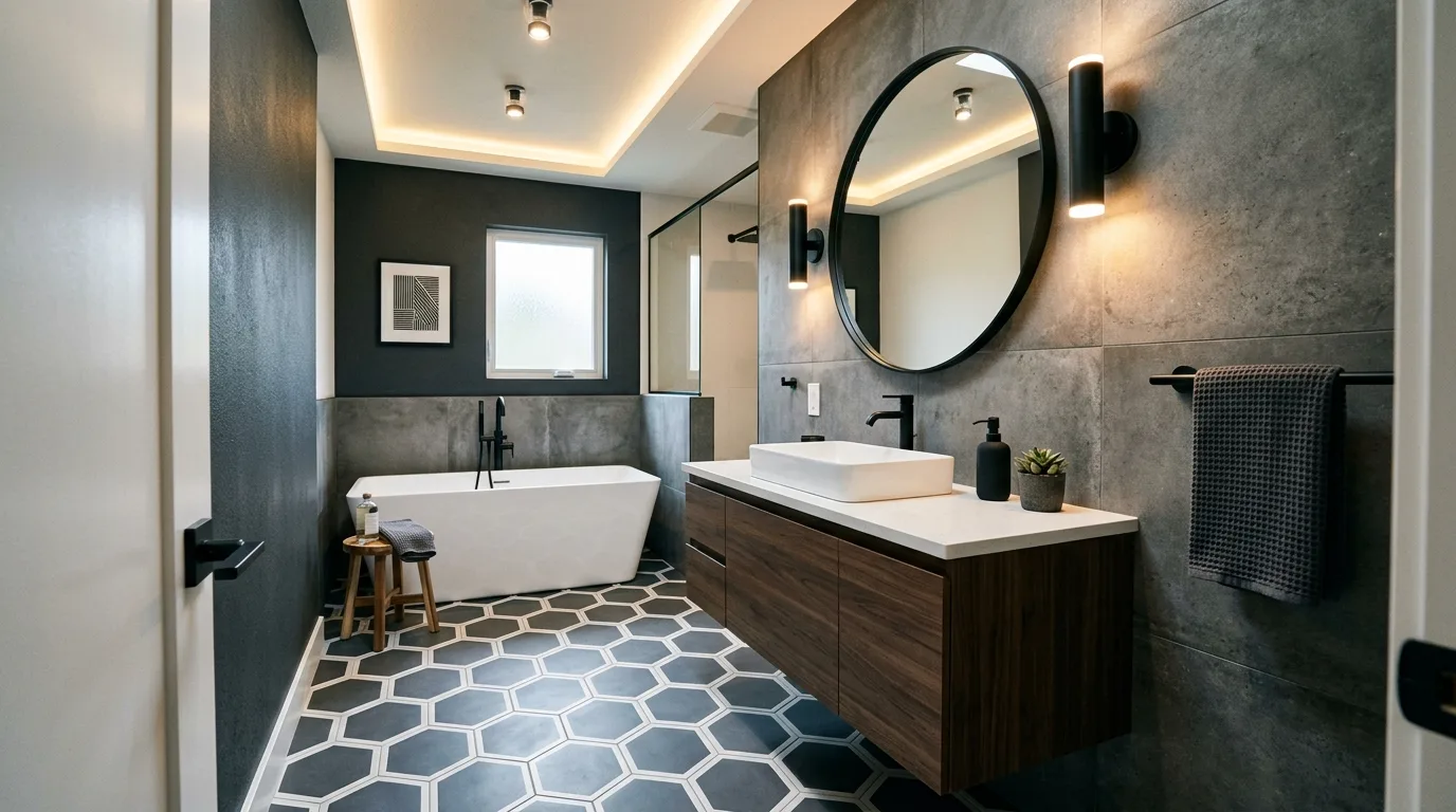 A contemporary bathroom with geometric floor and sculptural pedestal sink, no people