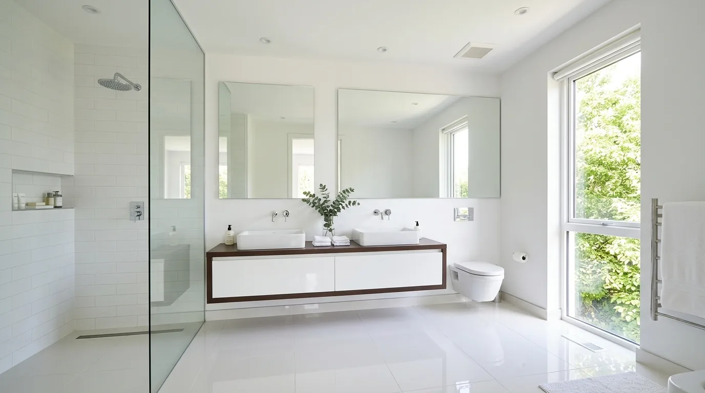 A sleek modern bathroom with matte black stone floor plaster walls and warm mirror light, no people