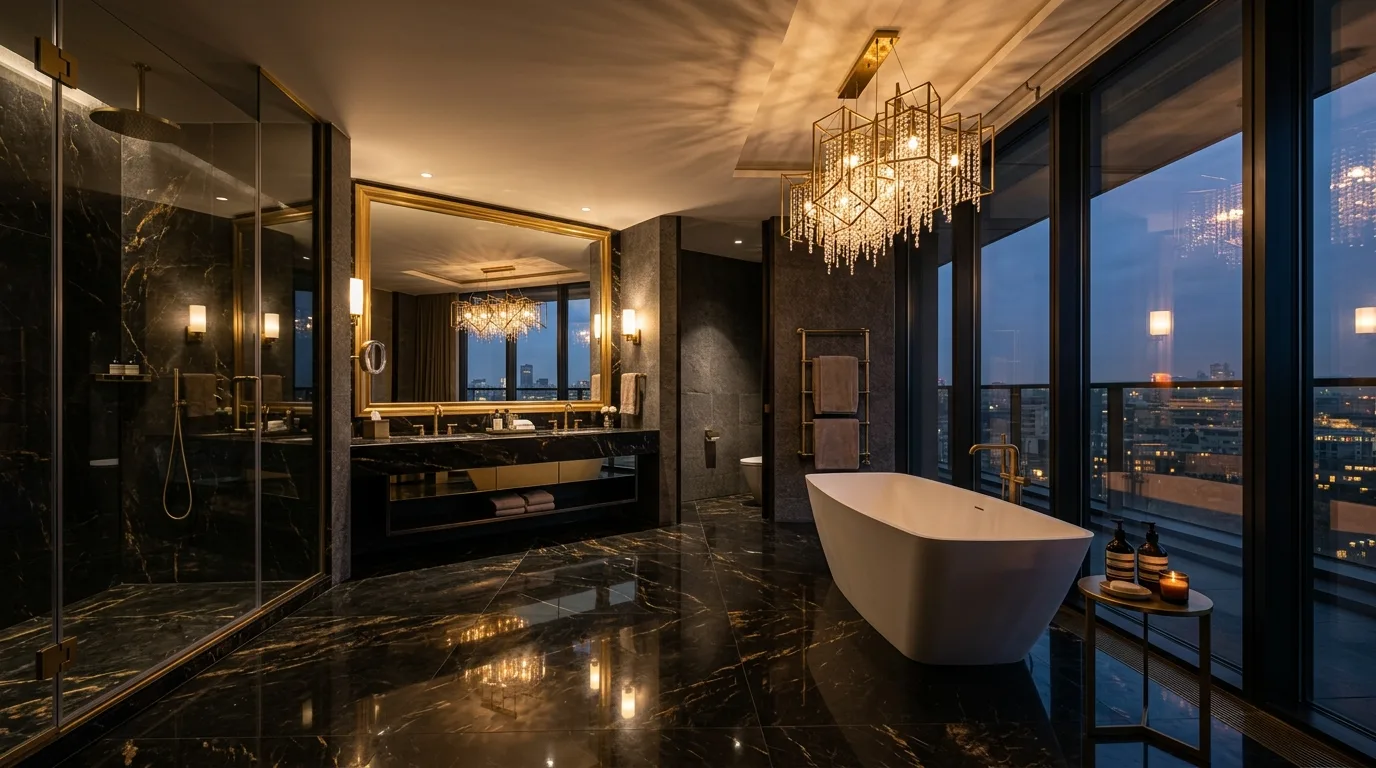 A modern bathroom with pebble shower floor and minimalist slab tile, no people