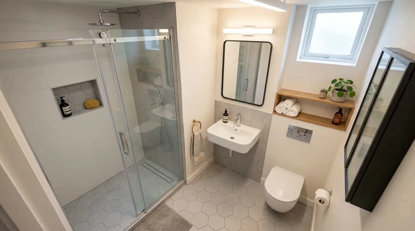 A contemporary bathroom with cool taupe floor tile wall hung toilet and hidden storage, no people