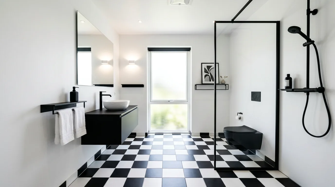 A sleek contemporary bathroom with white resin floor freestanding tub and skylight, no people