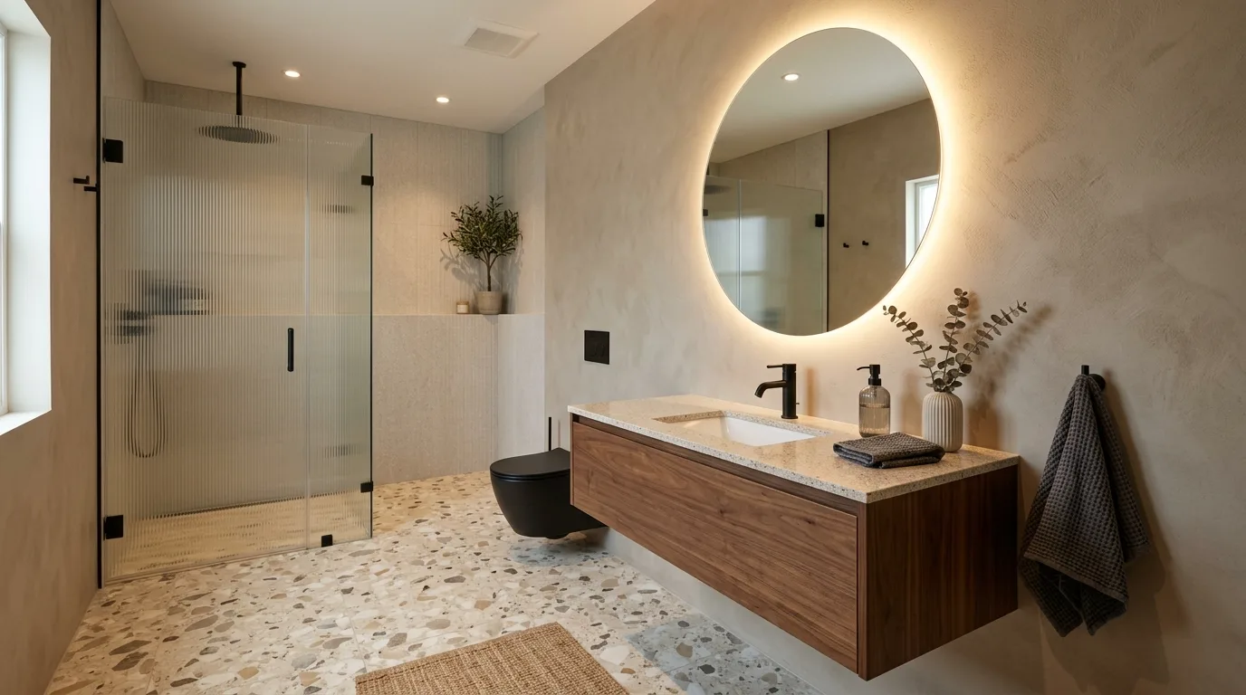 A sleek modern bathroom with textured slate floor reeded glass and brass accents, no people