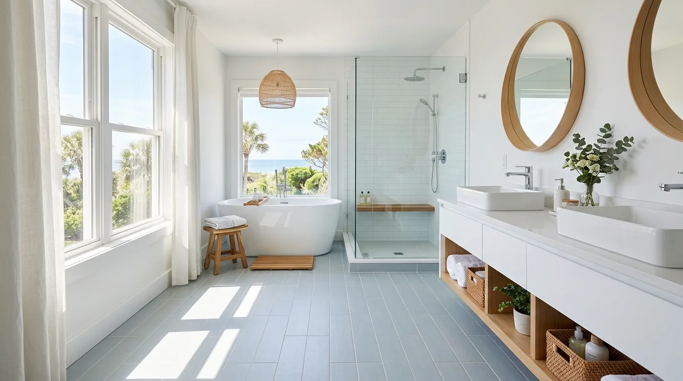 A contemporary bathroom with pale herringbone tile in a monochrome room, no people