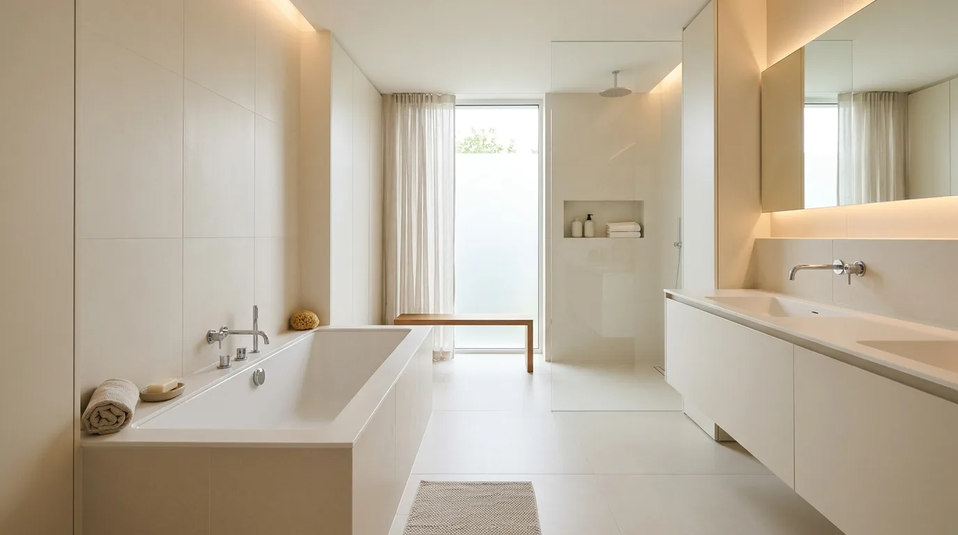 A sleek modern bathroom with concrete effect floor flowing into curbless shower, no people
