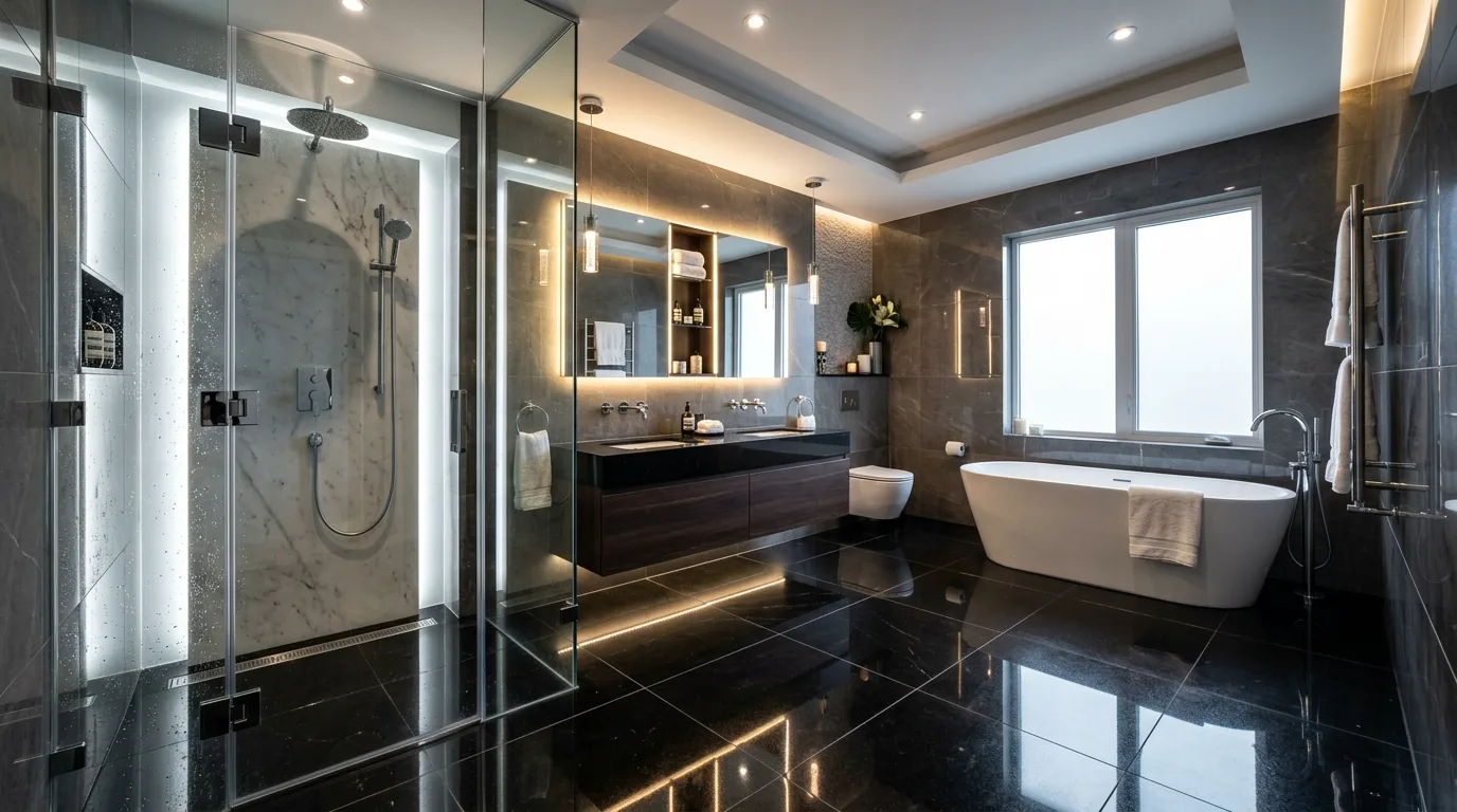 A contemporary bathroom with cream terrazzo floor walnut vanity and rounded edges, no people