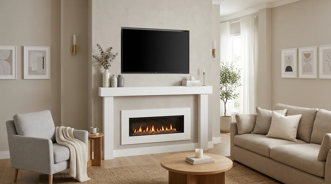 A mantel with TV styled with framed art and ceramics, no people