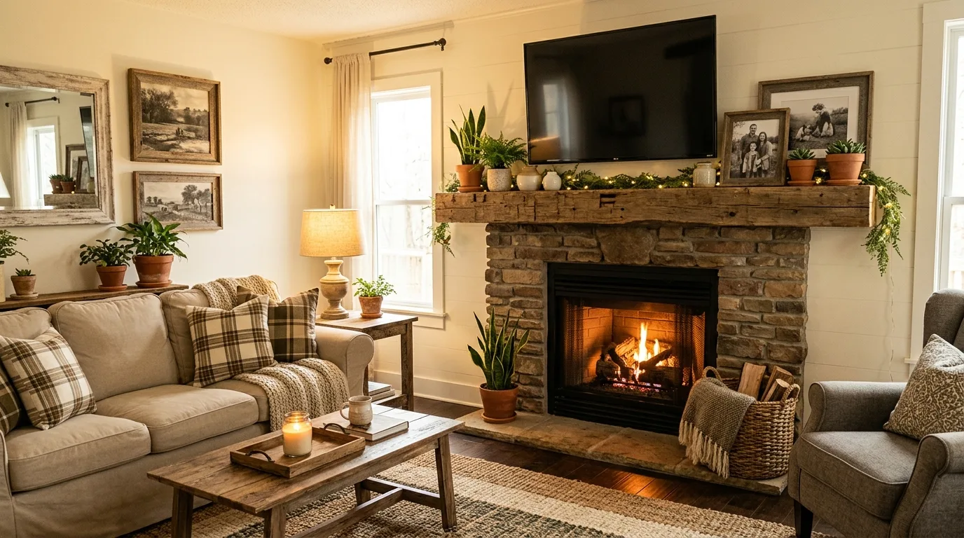 A mantel with TV styled with symmetrical sconces and greenery, no people