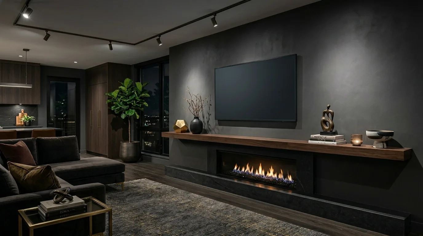 A smart TV mantel with branch arrangement and stacked books, no people