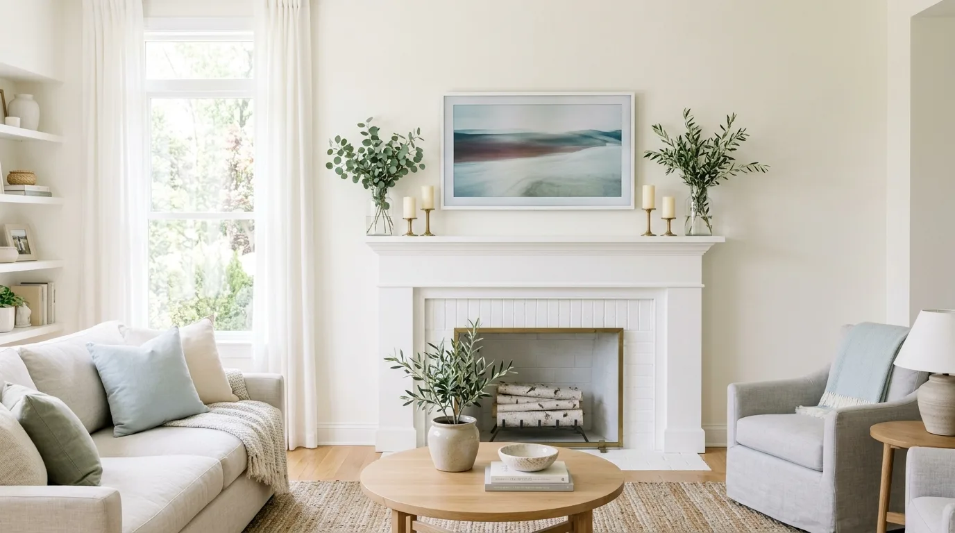 A rustic mantel with TV styled with wood beam and brass candleholders, no people