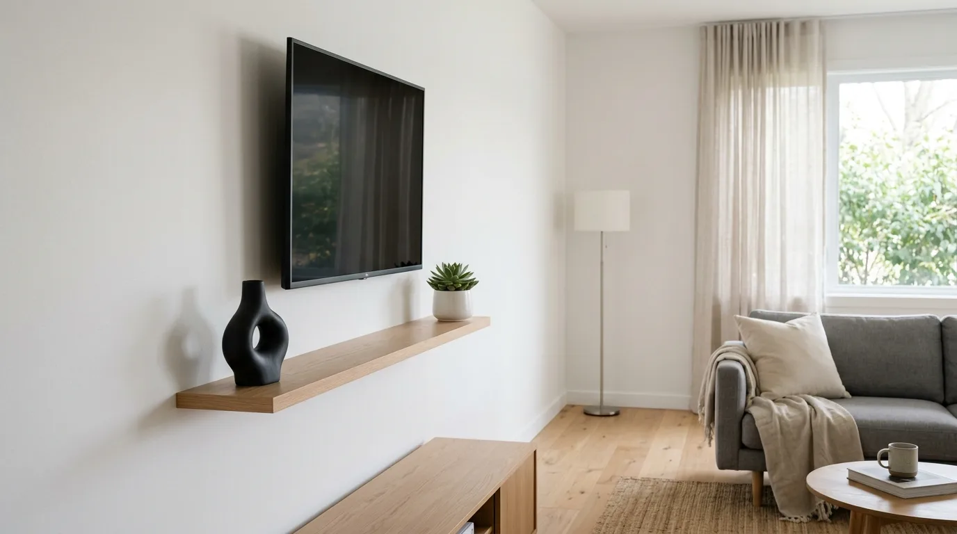 A coastal mantel with TV styled with woven accents and pale vessels, no people