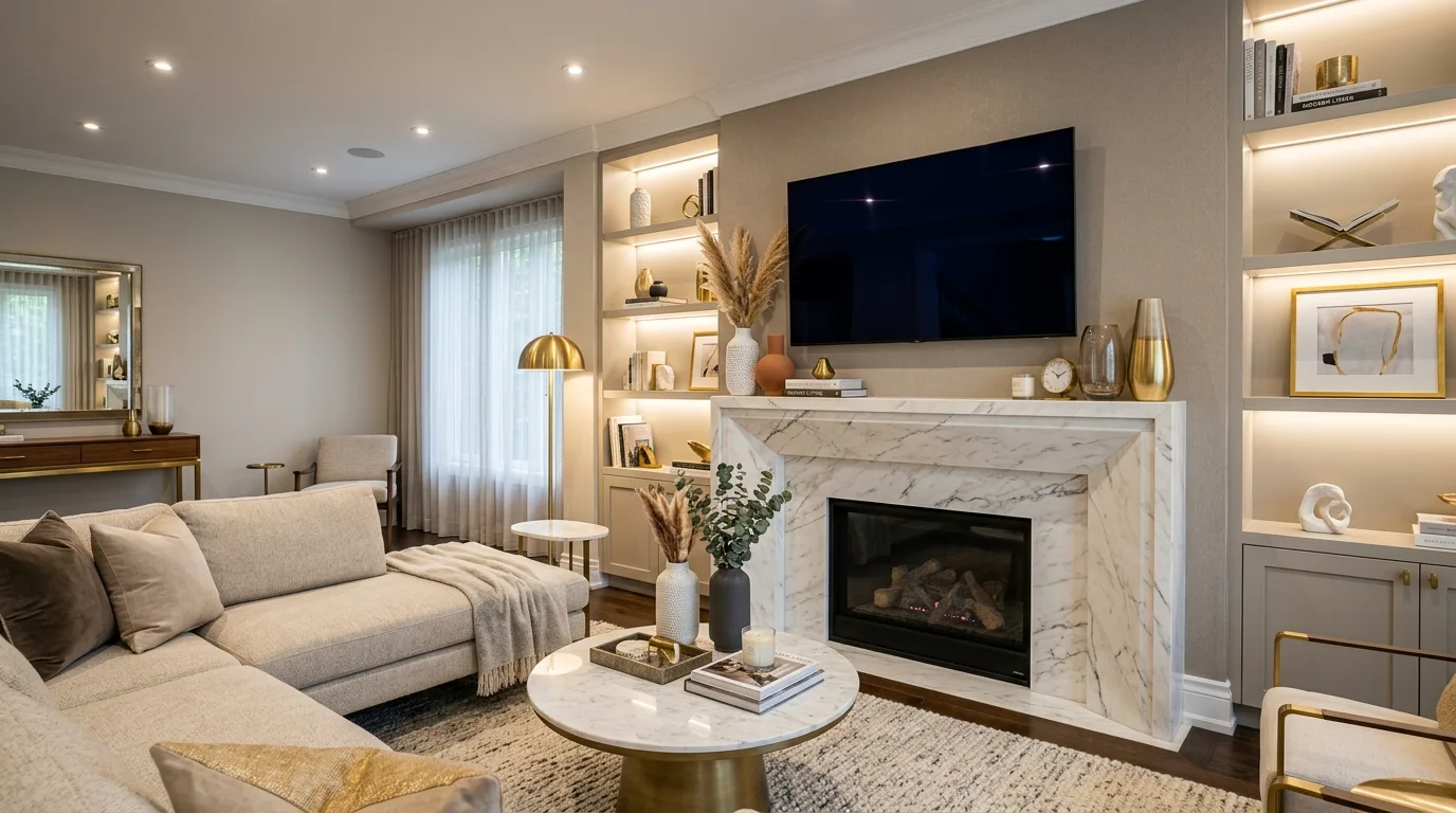 A built in fireplace wall with TV shelves books and pottery, no people