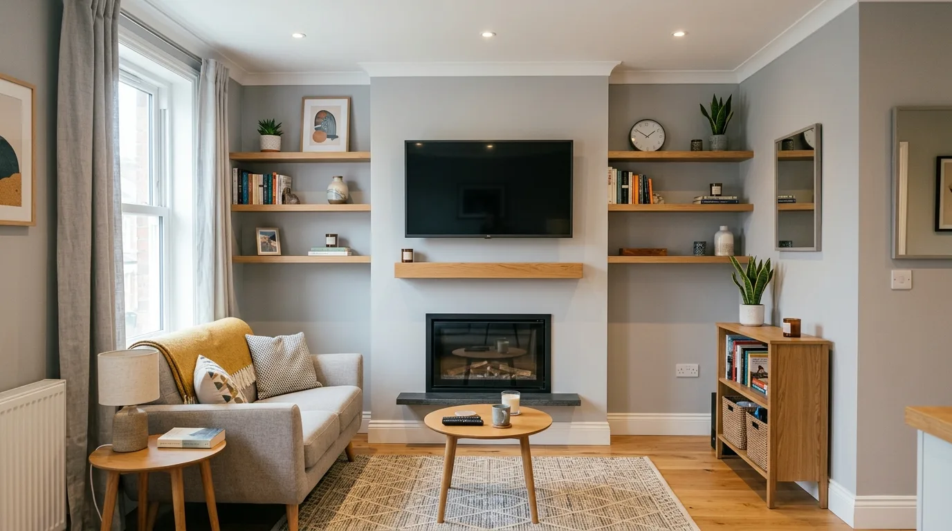 A modern plaster mantel with TV styled with sculptural object and trailing vine, no people
