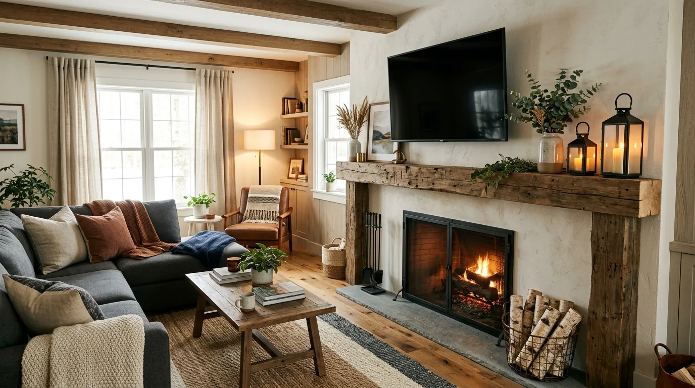 A classic family room mantel with TV and layered mirrors nearby, no people