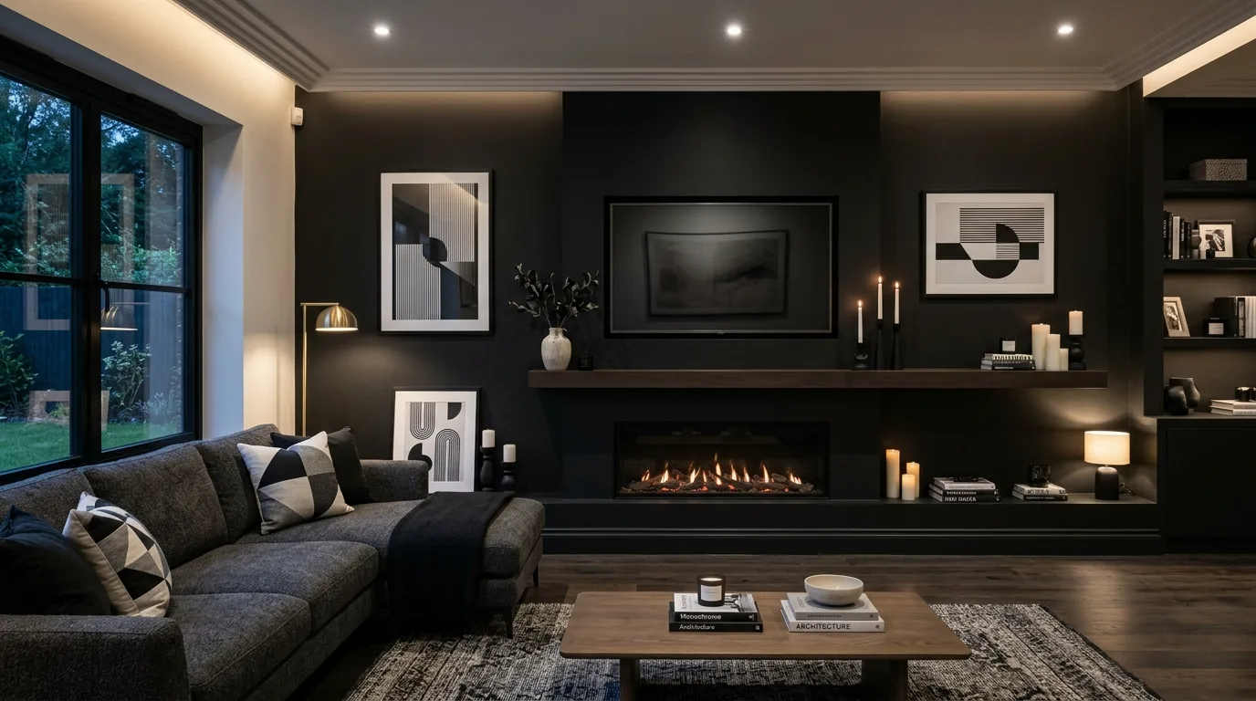 A seasonal mantel with TV styled with tapered candles and low garland, no people
